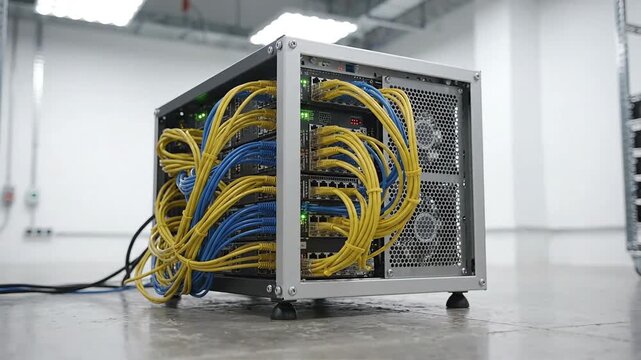 Compact modular server rack enclosure featuring intricately bundled blue and yellow ethernet network cabling in a clean modern data center room
