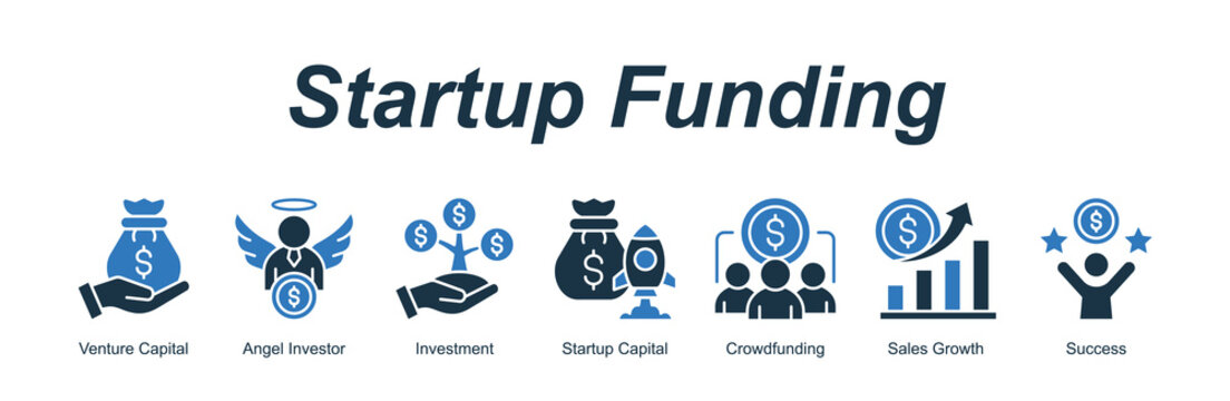 Startup Funding web banner icon concept for with icon of Venture Capital, Angel Investor, Investment, Startup Capital, Crowdfunding, Sales Growth, Success.