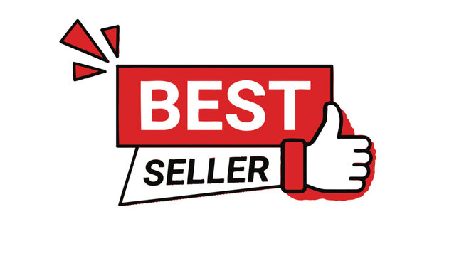 Best seller red white sale label banner graphic with thumbs up icon and shapes