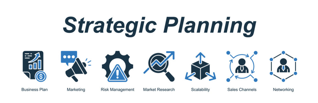 Strategic Planning web banner icon concept for with icon of Business Plan, Marketing, Risk Management, Market Research, Scalability, Sales Channels, Networking.