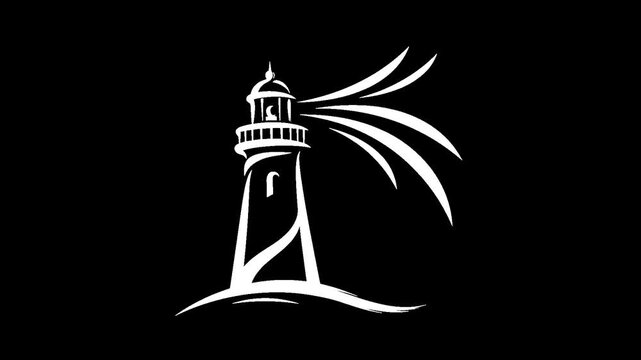 Minimalist white lighthouse illustration with light beam with alpha channel