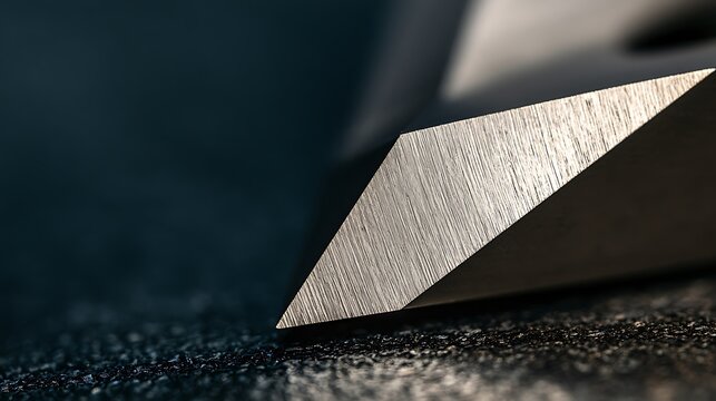 Macro view of a sharp metal chisel edge on a dark textured surface.
