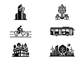 Obraz premium Urban sustainability icons including eco buildings bicycle transport bus park