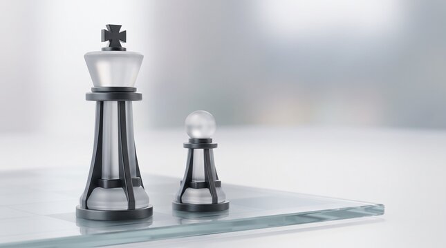 Glass chess king and pawn on a transparent board