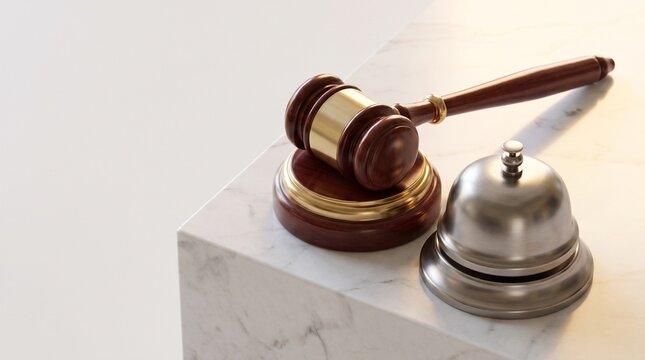 Wooden Gavel and Service Bell on Marble Surface