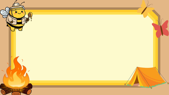Cute cartoon bee camping frame background, blank yellow board template with campfire, tent, and butterflies for kids copy space design
