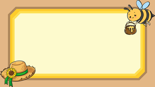 Cute bee frame banner template, cartoon bumblebee honey pot border, yellow sunflower straw hat background