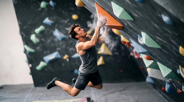 Climber executing a dynamic jump move on a colorful climbing wall featuring athlete, fitness