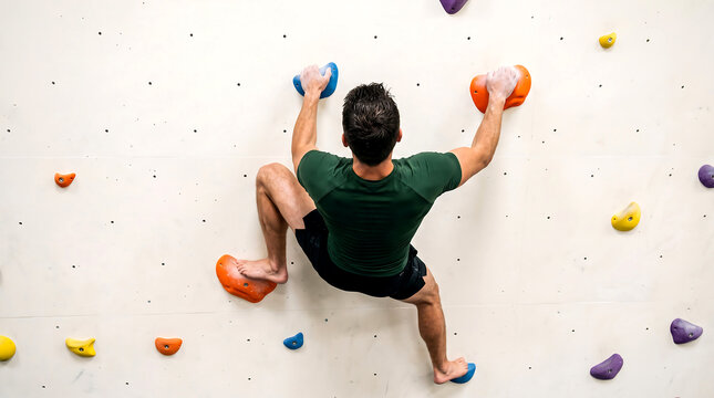 Climber executing a high-step move on a textured climbing wall featuring bouldering, athlete