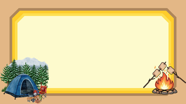Illustrated banner frame with outdoor camping adventure blue tent, forest, mountains, campfire, and marshmallows for custom text