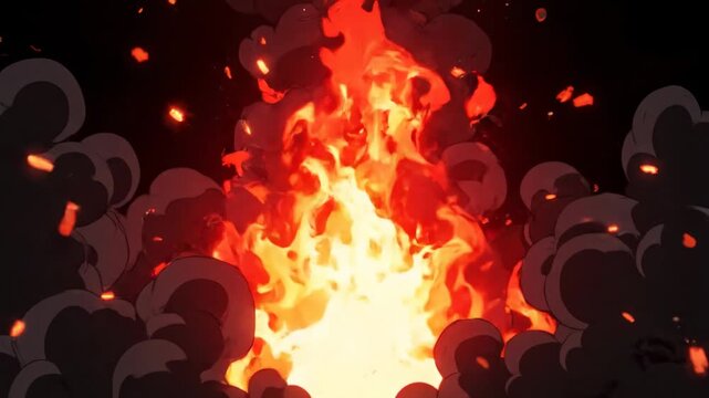 Exploding fire burst with smoke and embers, animated cartoon explosion effect, dangerous blaze, motion graphics