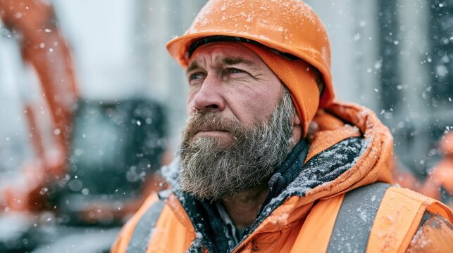 Worker in orange safety gear braving snowy outdoor conditions