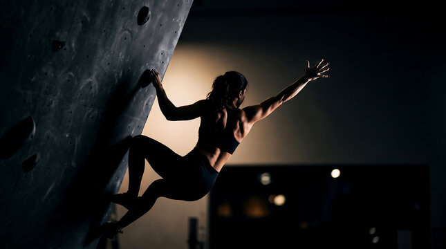 Climber reaching for a hold on a textured climbing wall, demonstrating strength and determination