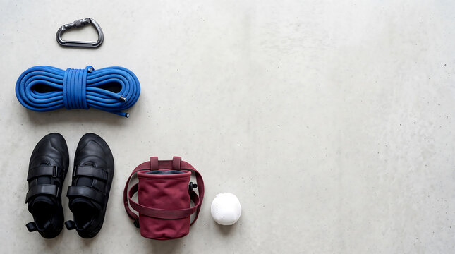 Climbing gear arranged on a textured surface, showcasing equipment for outdoor adventure and rock