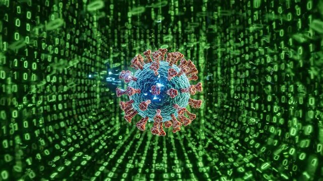 Microscopic view of a COVID-19 virus particle with spike proteins, set against a digital background of cascading binary code, representing pandemic data and science