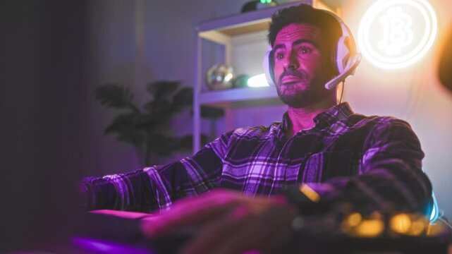 Man wearing headset types on keyboard while speaking into microphone in a gaming studio under purple led lights; concentration.