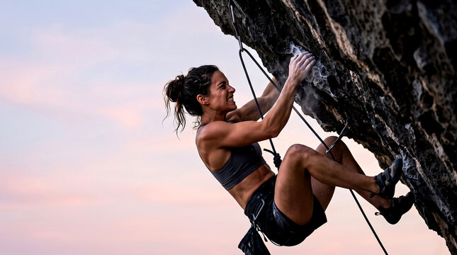 Female climber clinging to a rock wall, demonstrating strength and determination in a challenging