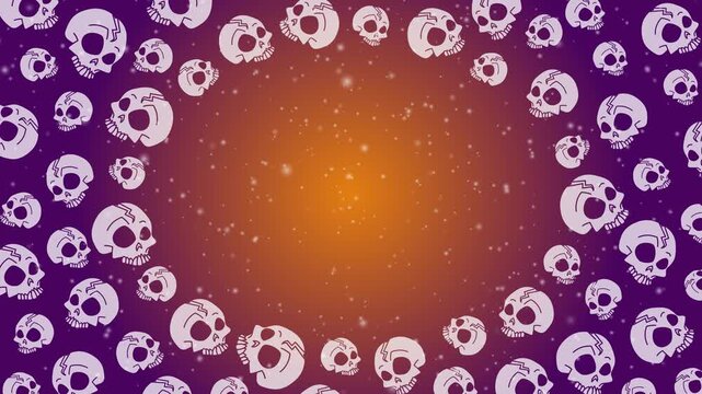 Halloween skull pattern on purple background with orange glowing lights