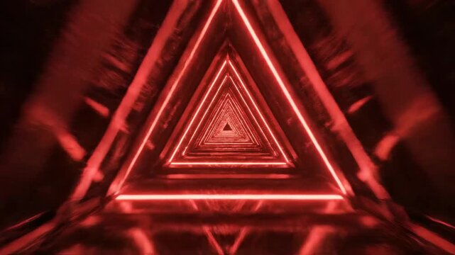 Endless red neon triangle tunnel, abstract futuristic background, geometric sci-fi corridor, digital technology concept, dark atmospheric perspective