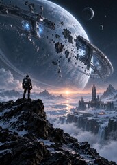 Fototapeta premium Futuristic Space Explorer Standing on Mountain Peak Over Alien Landscape and Giant Planet