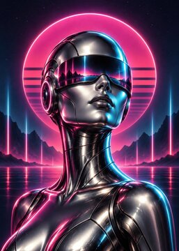 Futuristic Female Robot with Neon Lights and Cyber City Background