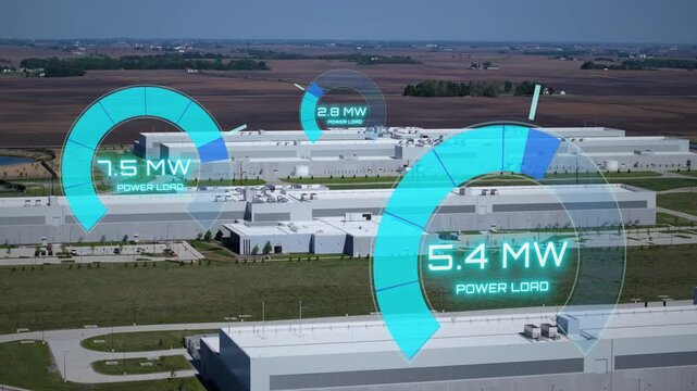 Three American Data centers with graphic visualization of power demand and megawatt electricity load. Energy consumption and capacity concept