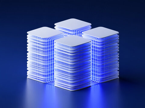 Isometric 3D cutaway of a multilayer digital structure, stacked web page layers joined by vertical luminous pathways, precise modular design, cool white and blue palette, subtle shadows, clean