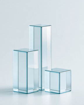 Minimal 3D ascending glass bars emerging from a smooth reflective surface, luminous blue gradient, soft shadows, abstract search visibility growth concept, clean high-key studio lighting, empty upper