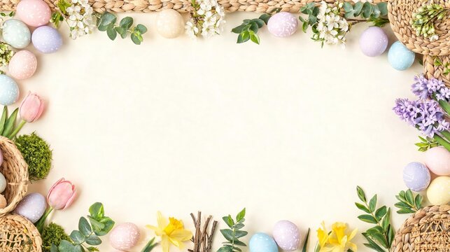 Pastel Easter egg and spring flower border on cream background