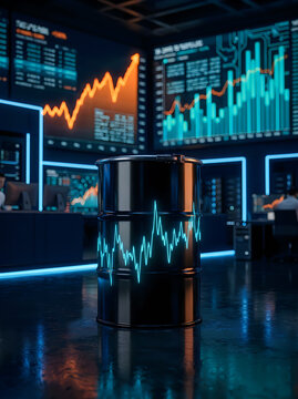 Oil barrel in a hightech financial trading room with digital charts and graphs, representing energy market analysis and commodity trading