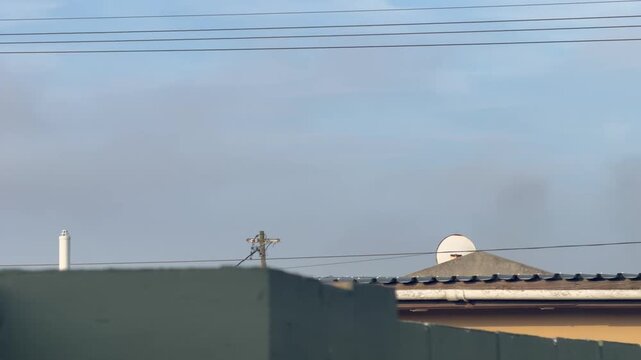 A grey and white cat walks carefully along a rooftop ledge with wires and rooftops visible against a hazy blue sky. The footage captures the cat's balance and movement in an everyday outdoor setting.