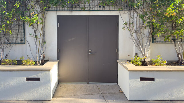 dark metal double doors set into a white exterior wall are flanked by low stucco planters and climbing vines in sunlight