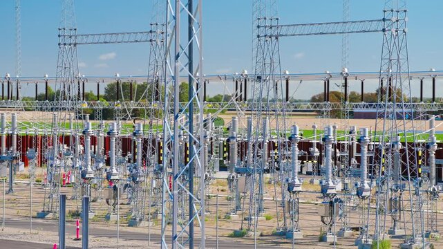 Slow right pan across a large outdoor high-voltage electrical substation with switchgear, busbars, insulators and steel gantries forming part of the power transmission grid.