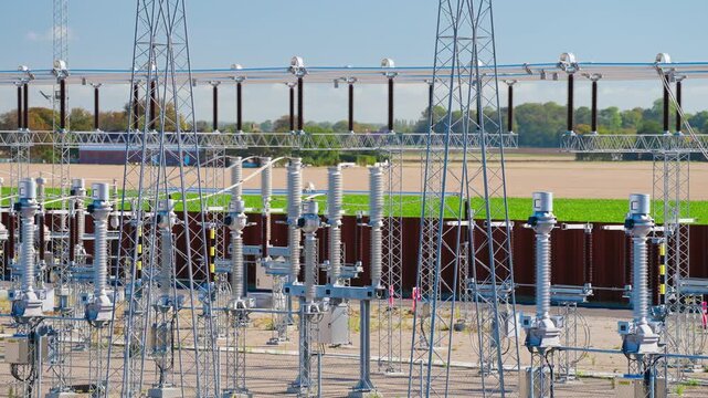 Slow left pan across an outdoor high-voltage substation with switchgear, insulators, busbars and steel support structures forming a complex electricity transmission installation.