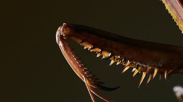 Macro detail of a praying mantis raptorial foreleg with sharp spines.