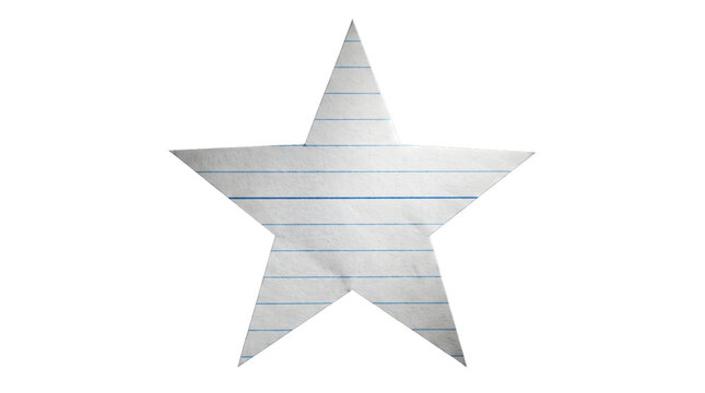 Star cutout shaped from white lined notebook paper isolated on a clean transparent background, perfectly cut for creative design projects.