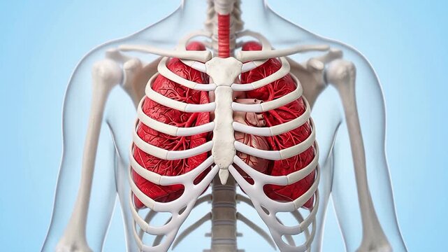 3D anatomical medical illustration of human lungs and heart inside the ribcage skeletal structure on a blue background