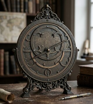 A highly detailed vintage astronomical astrolabe displayed on an ornate antique metal stand, featuring intricate celestial maps, engraved zodiac markings, concentric measurement rings, and decorative 