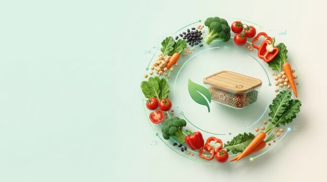 Packaged sandwich surrounded by fresh vegetables arranged in a circle for veganuary with circular arrangement with copy space