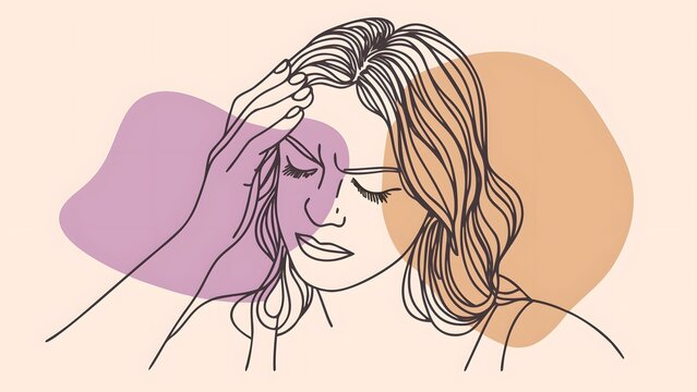 Severe headache and migraine pain symptoms. Stress management and mental health care. Woman touching her forehead experiencing sharp head pain