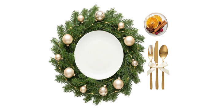 Christmas dinner table setting with wreath and gold cutlery isolated on transparent background