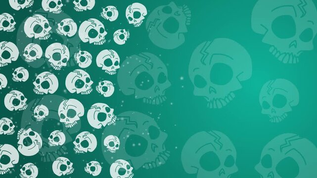 Stylized cartoon skulls moving in a seamless pattern on teal background