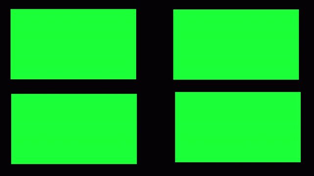 Transition elements for green four window frame grid animation on black transparent background. Split screen film frame matte animation. Split screen 2D motion graphics animation elements