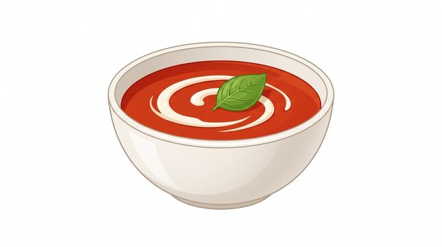Delicious red tomato soup in white ceramic bowl garnished with cream swirl and fresh green basil leaf vector illustration