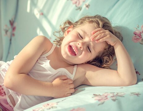 Toddler girl lies on bed clutching her forehead in pain while crying from a severe headache or fever.