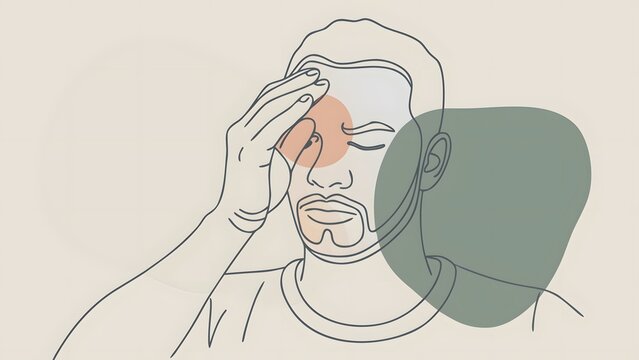 Tension headache and migraine pain symptoms. Stress management and mental fatigue. Man touching his forehead experiencing acute head pain