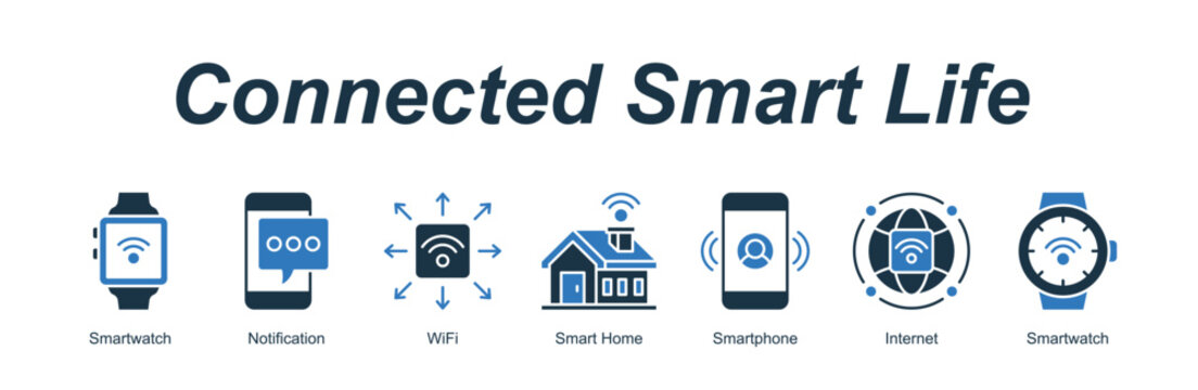 Connected Smart Life web banner icon concept for with icon of Smartwatch, Notification, WiFi, Smart Home, Smartphone, Internet,.