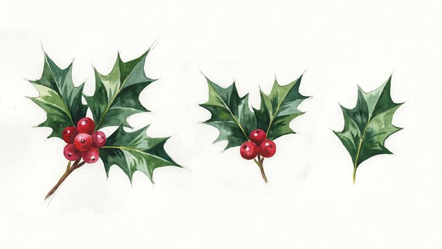 Watercolor of holly leaves and red berries isolated on a white background, for christmas holiday decoration