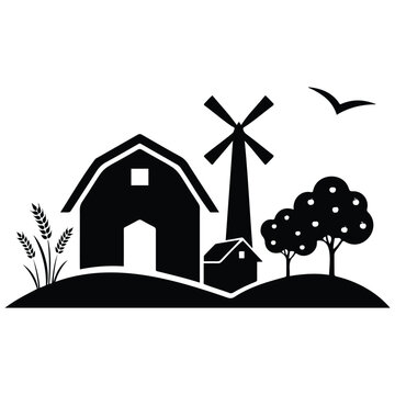 Farm landscape icon with black barn and windmill silhouette for agricultural branding art.