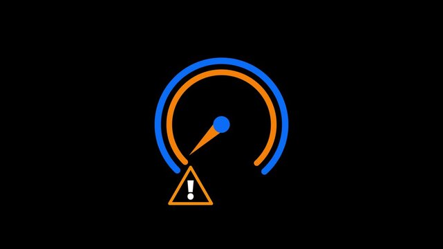 Speedometer gauge topped with a small warning triangle needle represents risk level danger assessment or important caution measurement meter animation.